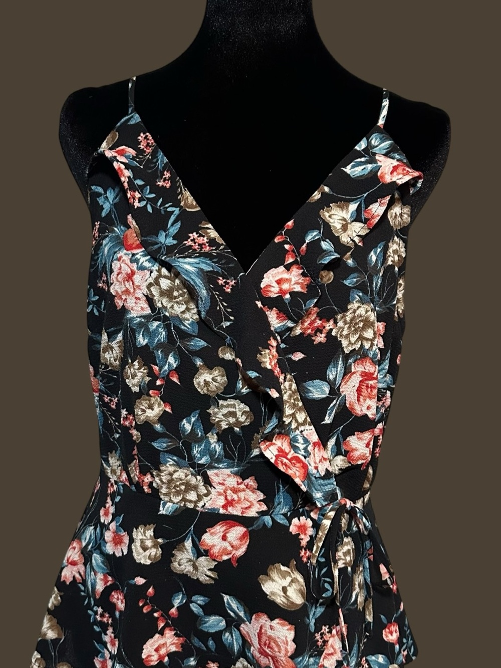 Monteau Black Floral Faux Wrap Camisole with Pink and Blue Blooms